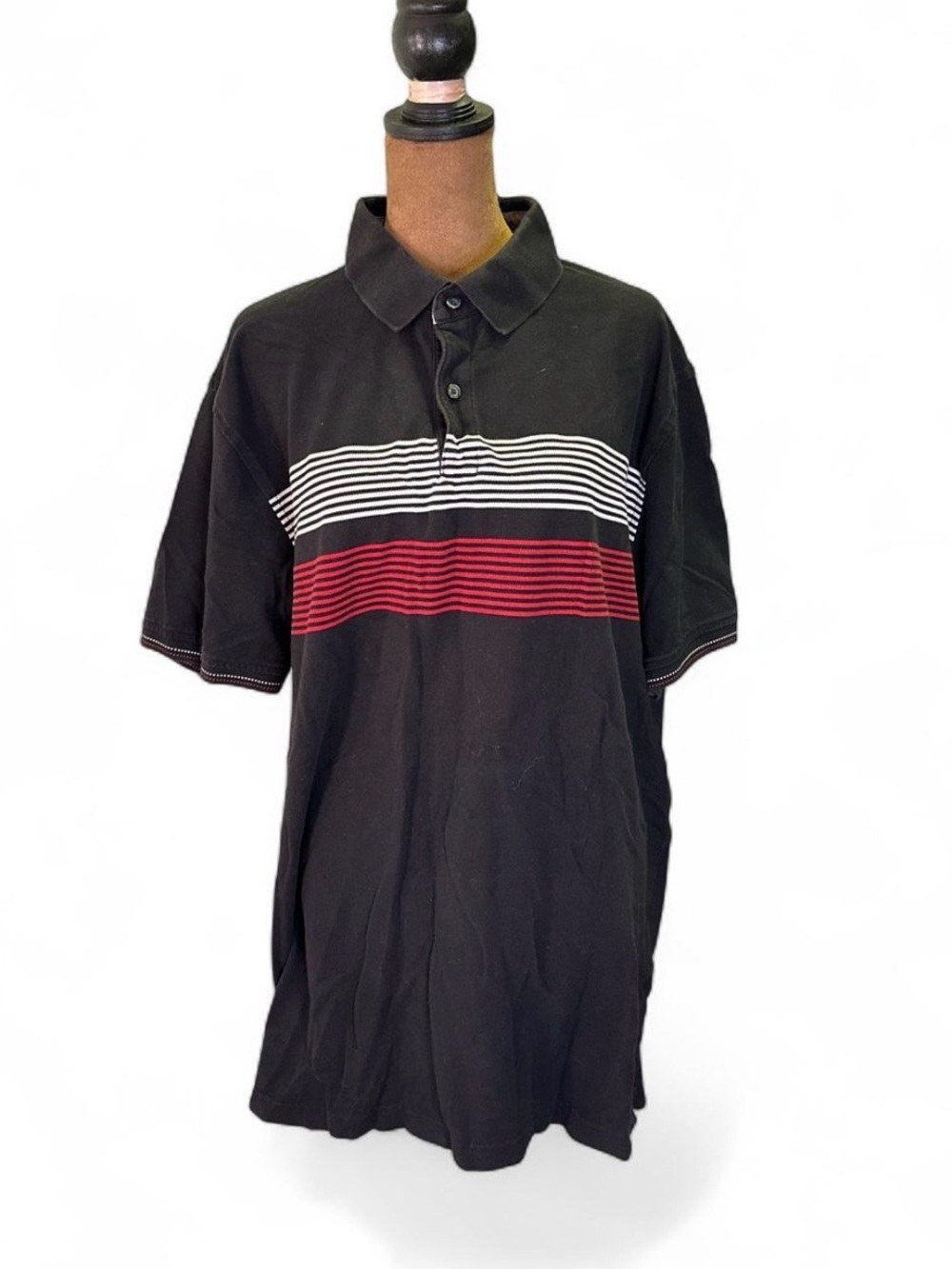 Classic Black Polo with White and Red Stripe Detail